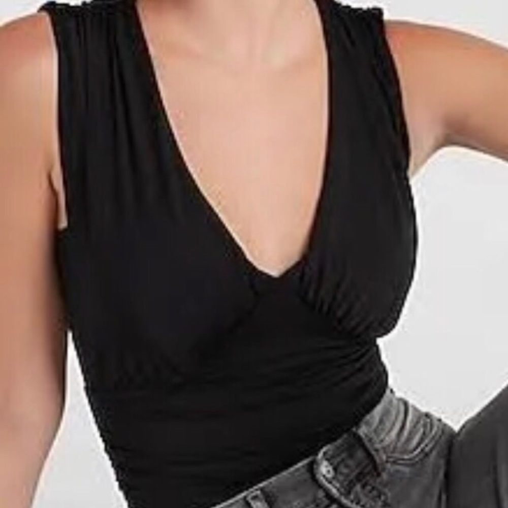 Bebe Black Bodysuit w/ Layered w/over drape Top V-Neck w/ Pleats Front & Back